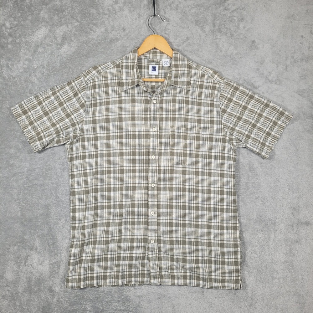 Vintage Y2K Gap Shirt Men Large Green Plaid Minimal Casual Button Up Linen Blend